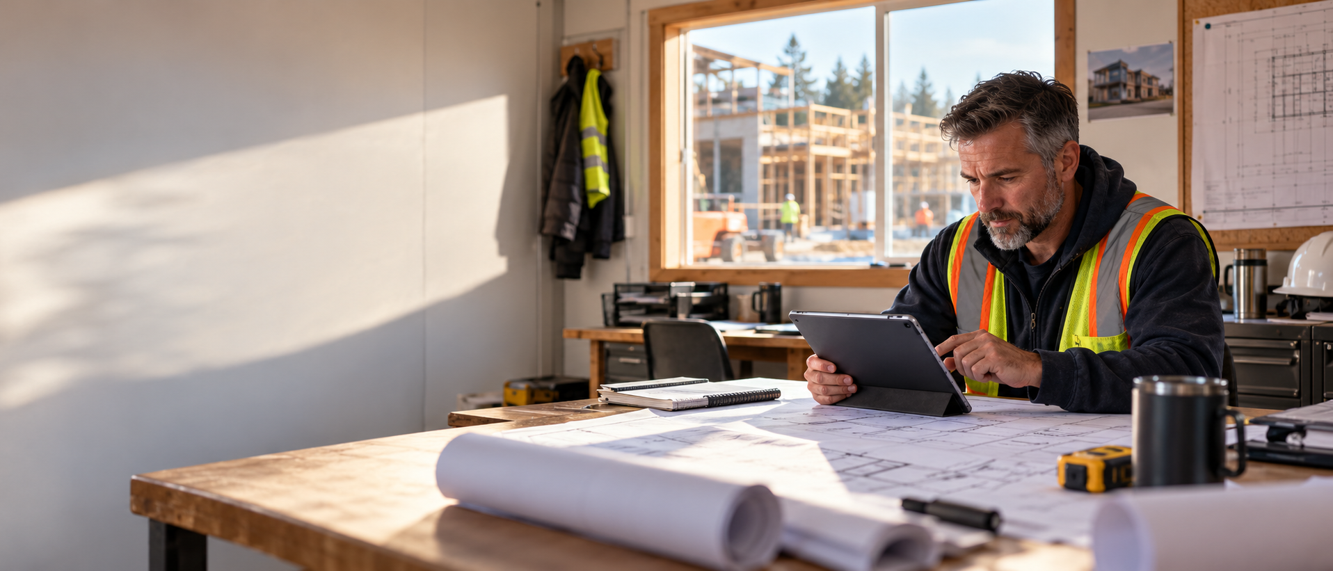 Construction leader reviewing project plans and a tablet in a field office